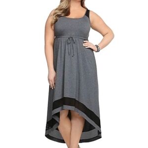 Torrid High Low Gray and Black Sleeveless Dress Mesh Accents Size 2